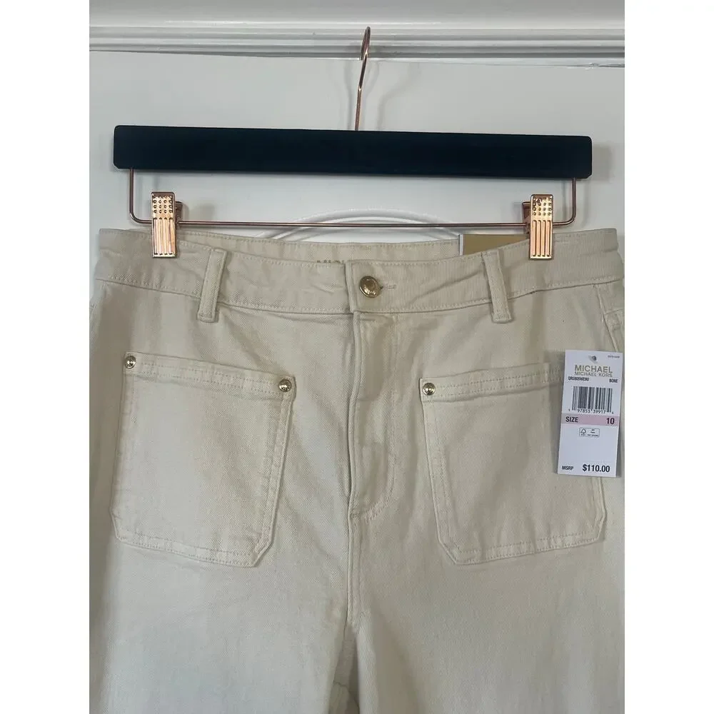 MICHAEL KORS SELMA FLARE COTTON HIGH RISE DENIM JEANS CREAM 10